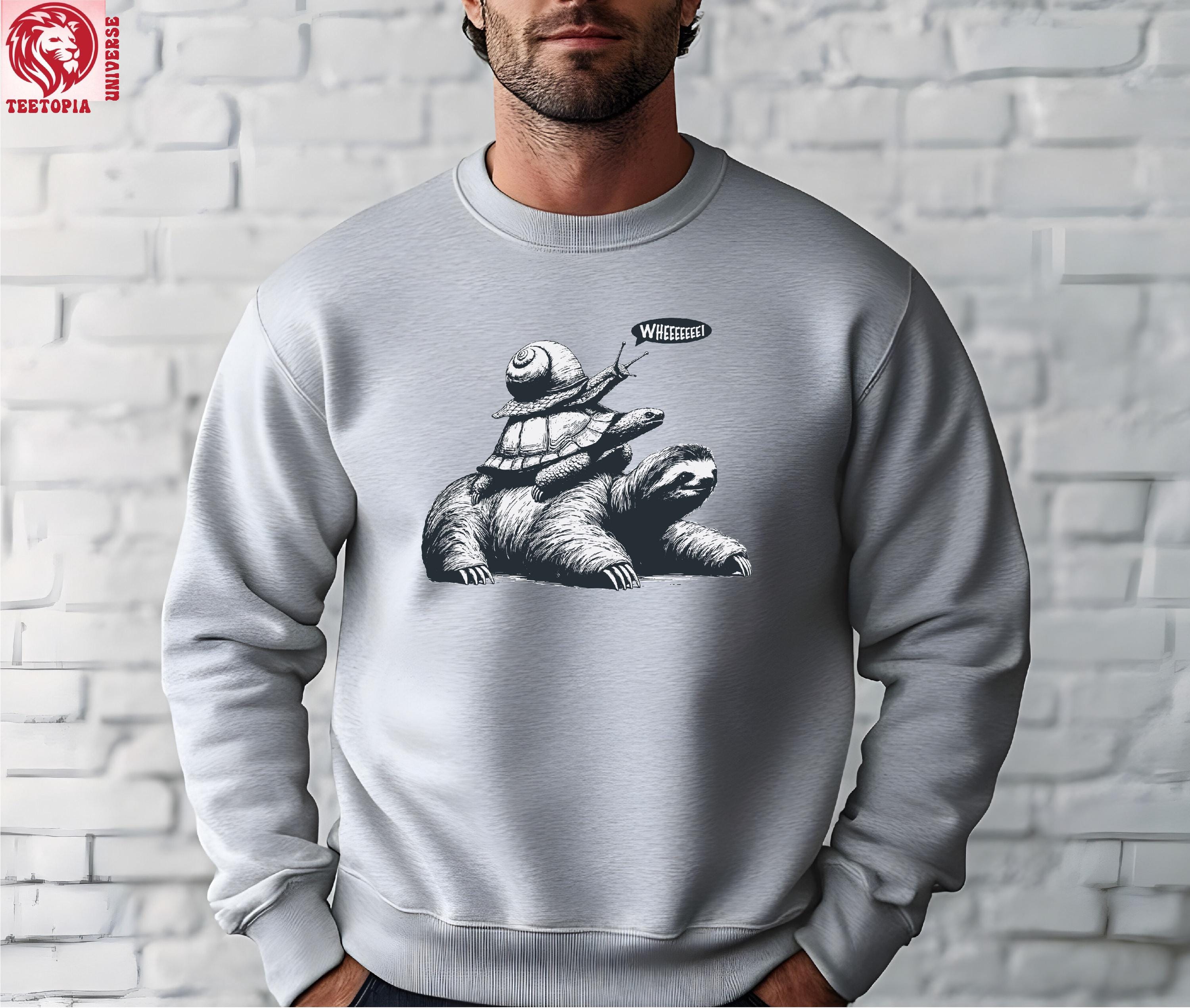 Funny Sloth Turtle Snail Sweatshirt T-Shirt, Slow Ride Animal Stack Graphic, Quirky Lazy Animal Humor Tee, 'Wheeeeeee!' Cute Slow Life Shirt