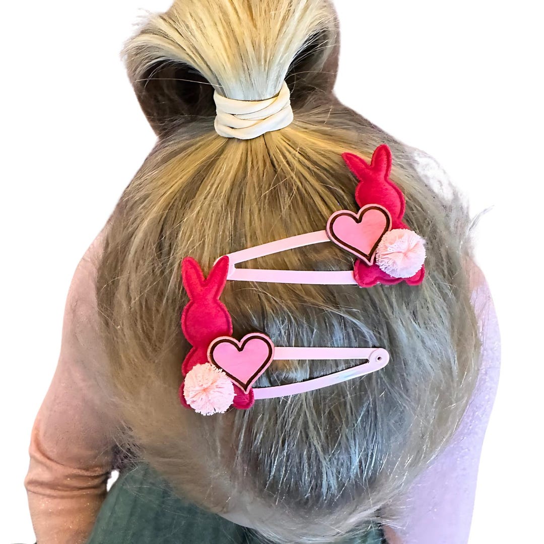 Painted Clips Two Pink Hair Clips With a Rabbit and Hand-painted Heart, Hair Clips ...