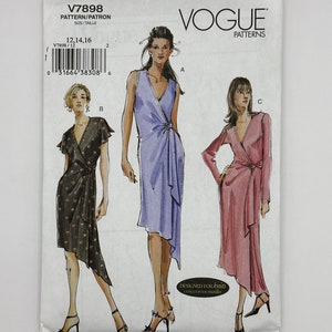 May include: Vogue sewing pattern for a wrap dress in three different styles. The pattern is for sizes 12, 14, and 16. The dress is designed for knit fabrics.