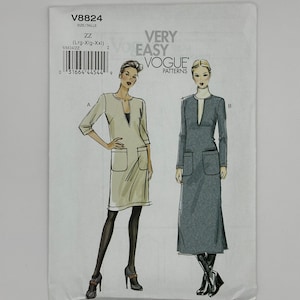 May include: A sewing pattern for a dress with two different styles. The pattern is for sizes large, extra large, and extra extra large. The pattern is from Vogue Patterns and is labelled "Very Easy".