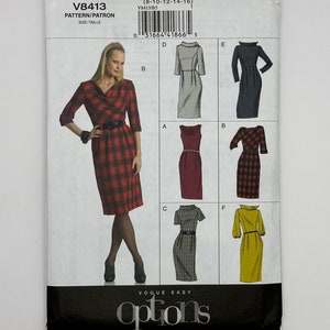 May include: A sewing pattern for a dress with five different style options. The pattern is for sizes 8-10-12-14-16. The pattern is called Vogue Easy Options V8413.