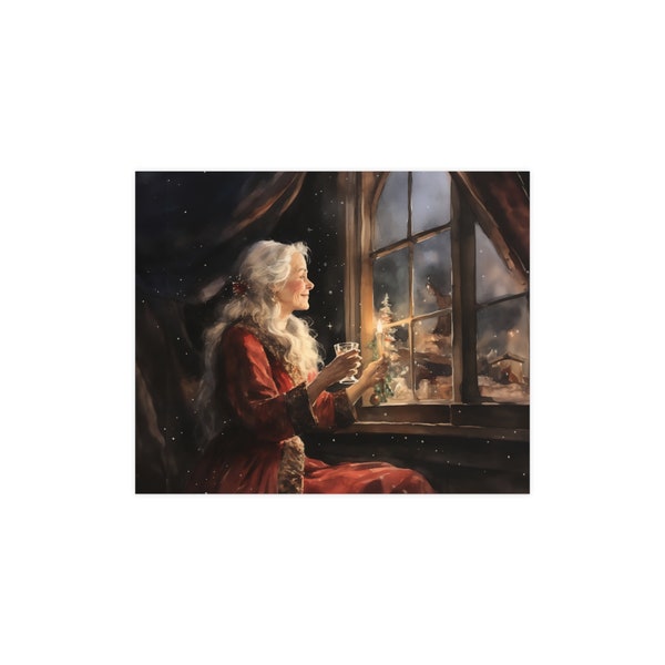 Mrs. Claus Christmas Art Poster Print, Vintage-Inspired, Titled: "Waiting for Santa's Return", Horizontal