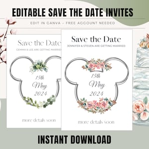 Retenez la date, liens modifiables en toile, cartes Mickey Mouse personnalisées, réservez bohème