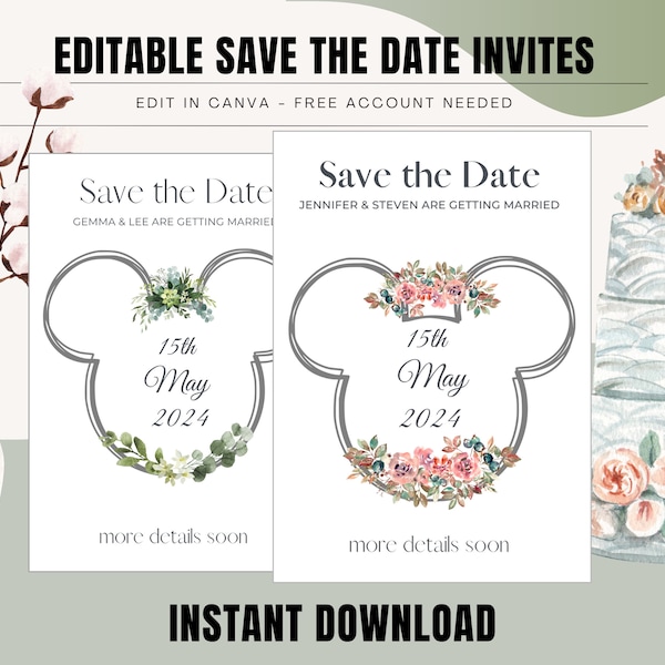 Save The Date Cards, Editable Canva Link, Personalised Mickey Mouse Cards, Bohemian Save The Date