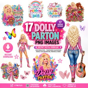 Puede incluir: Una colección de 17 imágenes digitales en formato PNG que muestran a Dolly Parton con diversos atuendos, incluyendo chaquetas rosas con flecos y jeans azules, acompañadas de guitarras, mariposas y gráficos con textos como Jolene y Nashville.