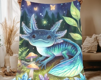 Magical Blue Axolotl Blanket - Fantasy Forest Plush Throw with Mushrooms and Crystals, for Axolotl Lovers