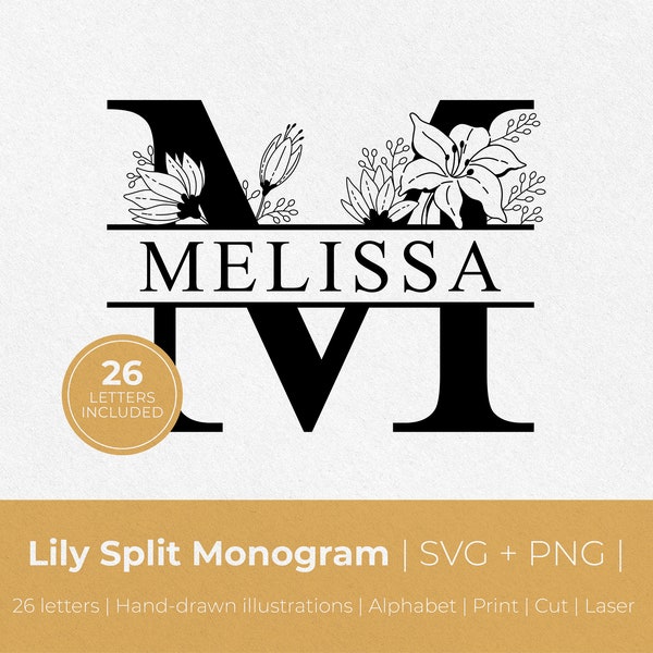 Lily Split Monogram SVG PNG | 26 alphabet letters bundle | name monogram | flowers monogram clipart | letter graphic | lily monogram svg