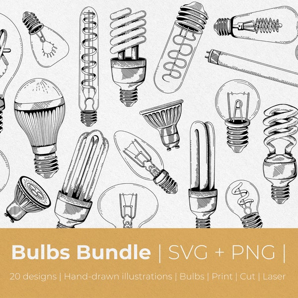 20 Bulbs PNG SVG Bundle | Light bulb svg | Light svg Bundle | Energy | Lamp clipart | Light bulb images | Electricity svg | files cricut