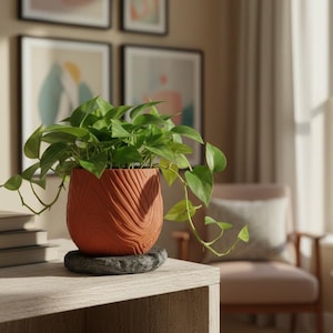 Modern 3D Printed Planter with Hand-Painted Rock Base & Drip Tray – Minimalist Indoor Plant Pot