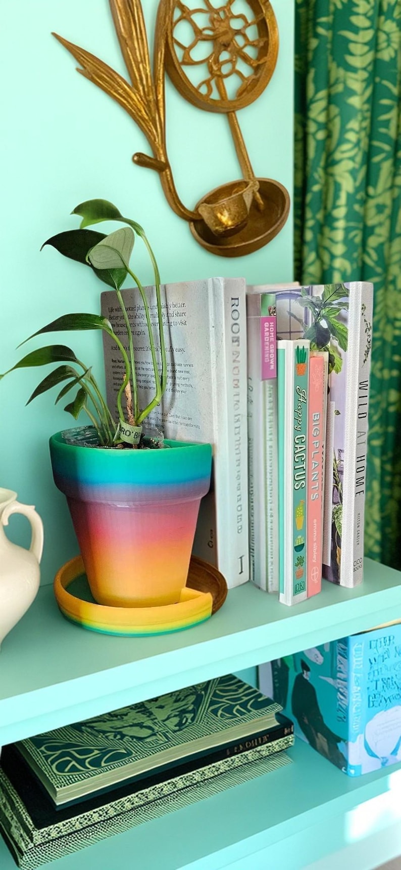 Op de afbeelding: Een levendige, regenboogkleurige plantenpot met bijpassende schotel bevat een groene plant. De pot staat op een lichtblauwe plank naast een rij boeken met titels als "Happy Cactus". Een goudkleurig decoratief stuk hangt erboven.
