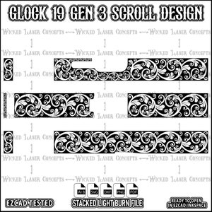 Puede incluir: Archivo de diseño digital en blanco y negro para un diseño de desplazamiento Glock 19 Gen 3. El diseño presenta un patrón repetitivo de hojas y remolinos estilizados. El texto "WICKED LASER CONCEPTS" y "EZCAD TESTED" es visible. El texto "STACKED LIGHT BURN FILE" también es visible.