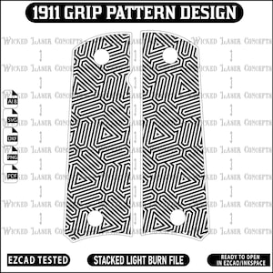May include: Black and white 1911 grip pattern design. The design features a geometric pattern of triangles and lines. The text "1911 GRIP PATTERN DESIGN" is at the top. The text "EZCAD TESTED" and "STACKED LIGHT BURN FILE" are at the bottom.
