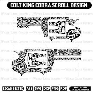 May include: Black and white digital design file of a Colt King Cobra revolver with a scroll design. The design is ready to be opened in EZCAD or Inkspace.