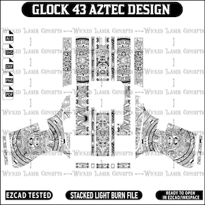 May include: Black and white digital design file for a Glock 43 pistol with an Aztec pattern. The design is ready to be opened in EZCAD or Inkspace.