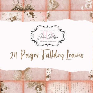 Puede incluir: 24 páginas de papel digital imprimible con un esquema de color rosa y marrón con imágenes de hojas de otoño, pájaros y una niña con un vestido. El texto "Junk Journal Printables Julia's Designs High Quality Vintage Style 24 Pages Fall Dry Leaves" está incluido en la imagen.