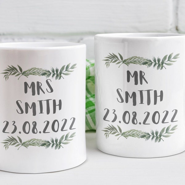 Personalized Eucalyptus Wedding Gift / Mr and Mrs Mug / Wedding Gift for Husband and Wife / Wedding Couples Anniversary