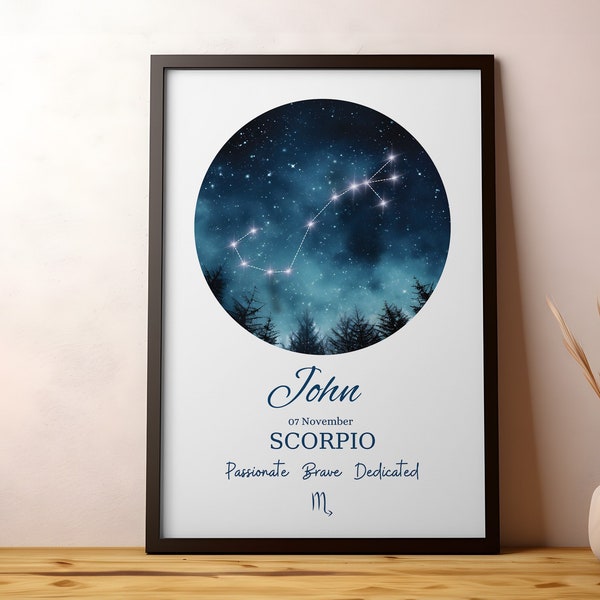 Personalised Scorpio Constellation art poster print. October November birthday gift. Zodiac Star Sign poster wall art digital file.