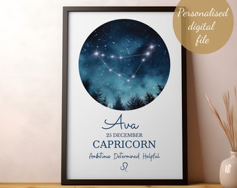 Personalised Capricorn Constellation art poster. December January birthday gift. Zodiac Star Sign poster wall art digital file download.