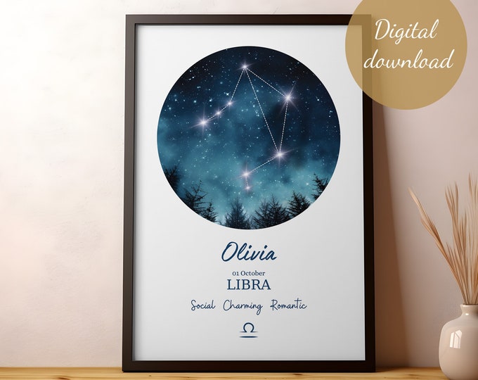 Personalised Libra constellation poster. Zodiac Star Sign wall art gift for those born in September or October. Customise name & birth date.
