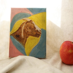 Goat&#39;s Head - Original Oil Painting, Wall Art, Handmade Decoration, Oil on Canvas, Unframed, Unvarnished, Natural, Realist, Geometric