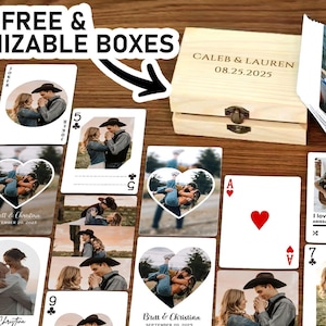 May include: A set of 55 custom playing cards with photos printed on them. The cards are arranged on a wooden surface with a small wooden box in the background. The box has the text "Caleb & Lauren 08.25.2025" printed on it. The cards are printed with high definition and waterproof material.