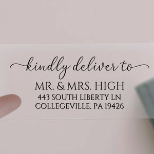 May include: Clear plastic sticker with the text "kindly deliver to" followed by the name and address "MR. & MRS. HIGH, 443 SOUTH LIBERTY LN, COLLEGEVILLE, PA 19426".