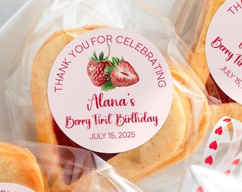 Girls 1st Birthday Gift Labels/Strawberry Theme Birthday Stickers/Berry First Birthday Party Favor Stickers/Pink Party Favor Labels