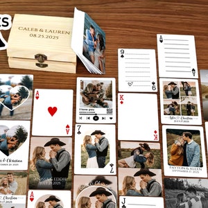 May include: A set of playing cards with personalized photos and text. The cards are printed on waterproof material and come in a wooden box. The box is labeled with the names "Caleb & Lauren" and the date "08.25.2025".