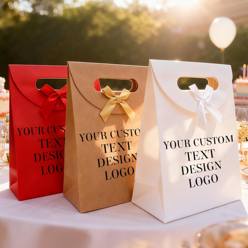 May include: Three gift bags in red, tan, and white, each with a handle and a bow. The bags have the text "YOUR CUSTOM TEXT DESIGN LOGO" printed in black. The bags are on a white tablecloth.