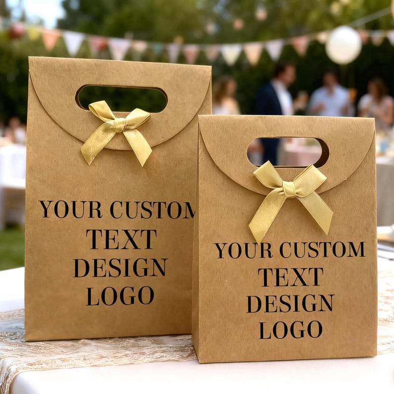 May include: Two brown paper gift bags with a handle and a gold bow. The bags have the text "YOUR CUSTOM TEXT DESIGN LOGO" printed in black. The bags are on a table with a blurred background of a party.