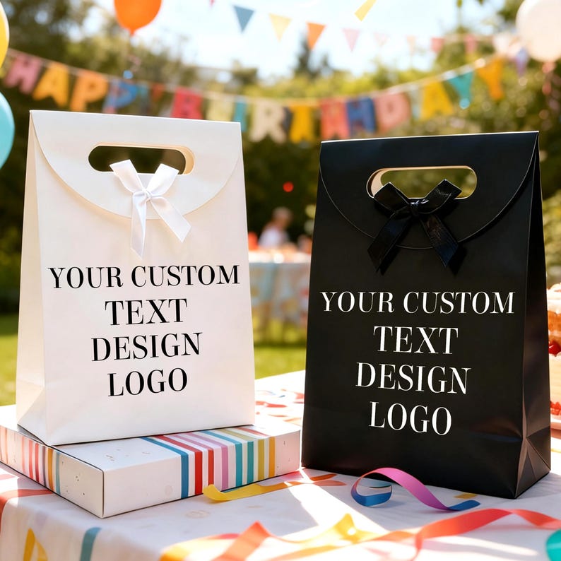 May include: Two gift bags, one white and one black, with a handle and a bow. The bags have the text "YOUR CUSTOM TEXT DESIGN LOGO" printed on them. The bags are on a table with colorful decorations.