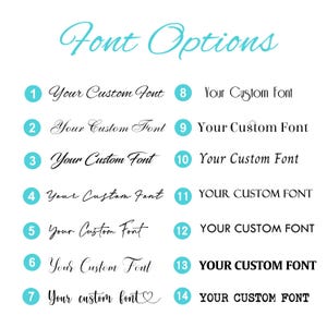 May include: A white background displays the words "Font Options" in a teal script font. Fourteen font options are numbered and labeled "Your Custom Font" in various styles, with some in bold and uppercase.