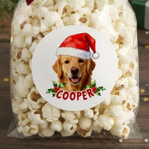 Op de afbeelding: Een transparante zak gevuld met popcorn. Een ronde sticker op de zak toont een Golden Retriever met een kerstmuts. De sticker heeft de naam "COOPER" en hulstversieringen. De popcorn is wit en luchtig.