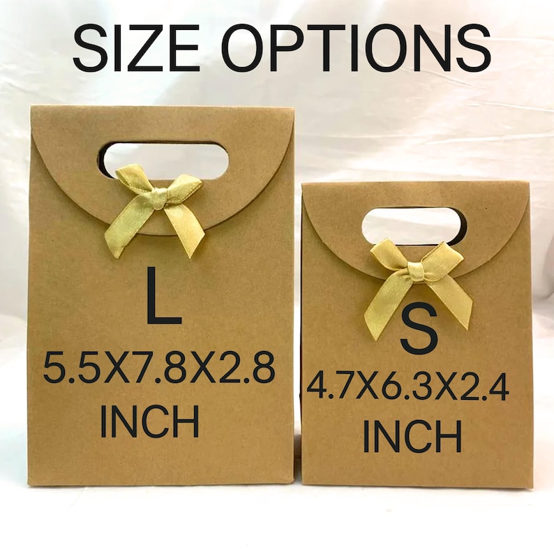 May include: Two brown paper gift bags with gold ribbon bows. The larger bag is labeled "L" and measures 5.5 x 7.8 x 2.8 inches. The smaller bag is labeled "S" and measures 4.7 x 6.3 x 2.4 inches. The text "SIZE OPTIONS" is at the top.