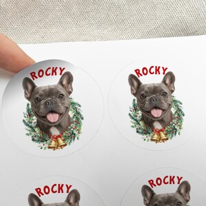 Op de afbeelding: Ronde stickers met een grijze Franse Bulldog genaamd Rocky. Elke sticker heeft een groene krans en gouden bellen om de nek van de hond. Het woord "Rocky" staat boven het hoofd van de hond gedrukt.