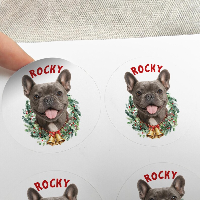 Op de afbeelding: Ronde stickers met een grijze Franse Bulldog genaamd Rocky. Elke sticker heeft een groene krans en gouden bellen om de nek van de hond. Het woord "Rocky" staat boven het hoofd van de hond gedrukt.