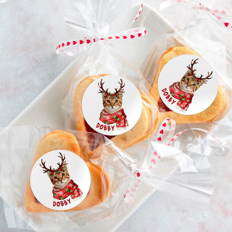Op de afbeelding: Hartvormige koekjes in doorzichtige cellofaan zakjes, vastgebonden met rood-wit hartvormig lint. Elk zakje heeft een ronde sticker met een kat met geweien en een rode sjaal, met de naam "Dobby" eronder. De koekjes liggen op een wit dienblad.