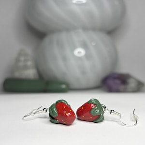 Handmade & Hand-Painted Strawberry Earrings – Polymer Clay Fruit Jewelry – Whimsical Summer Dangle Earrings