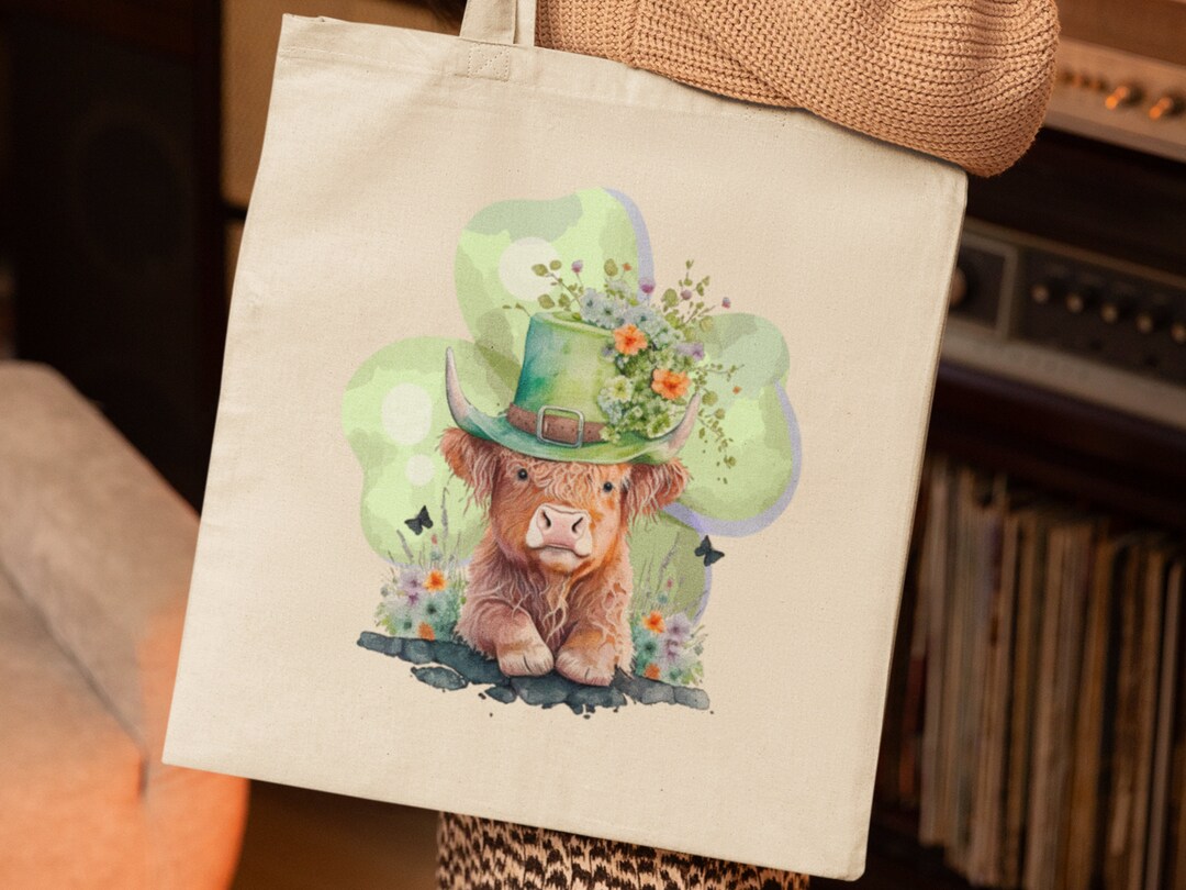 Highland Cow Tote, Highland Cow Saint Patrick’s Day Tote, Clover