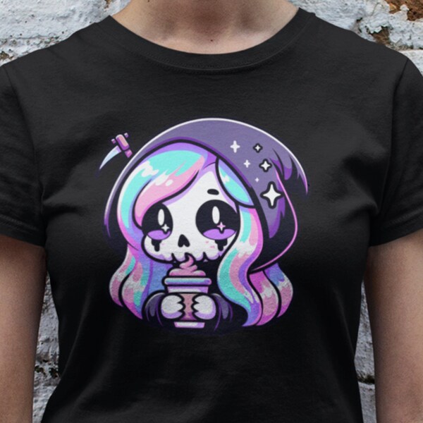 Kawaii Goth Pastel Girl Grim Reaper Drinking Latte T-Shirt Halloween Reaper Tee Cute Grim Reaper Shirt Cute Spooky Top Goth Gift For Teen