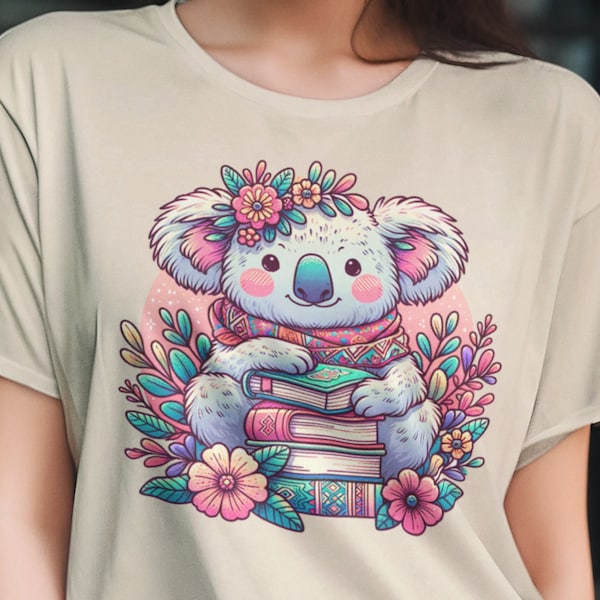 Boho Cottagecore Koala Books Flowers TShirt Koala Lover Tee Reader Bookish Tee Librarian Shirt Teacher Top Teen Tee Gift For Women