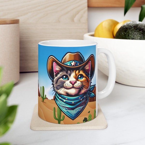 Calico Cat Cowboy Hat Ceramic Mug White Ceramic Mug Calico Western Cat Gift Mug Cartoon Western Aesthetic Wild West Coffee Mug Cat Lover