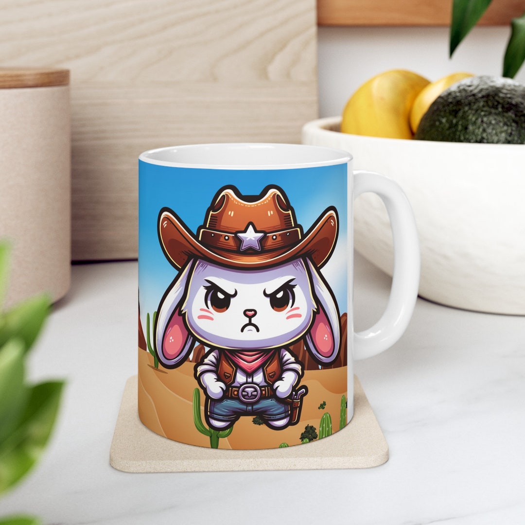 Rabbit Cowboy Hat Ceramic Mug White Ceramic Mug Western Rabbit Gift Mug ...