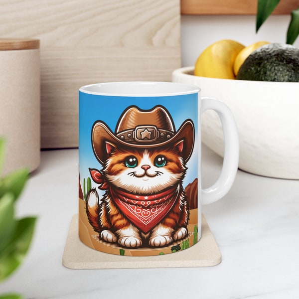 Munchkin Cat Cowboy Hat Ceramic Mug White Ceramic Mug Western Cat Gift Mug Cartoon Western Aesthetic Wild West Coffee Mug Cat Lover Gift