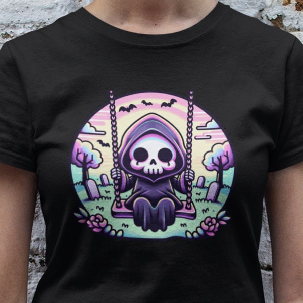 Kawaii Goth Grim Reaper In Cemetery T-Shirt Halloween Reaper Tee Cute Grim Reaper Shirt Cute Spooky Top Halloween Party Shirt Gift For Teen