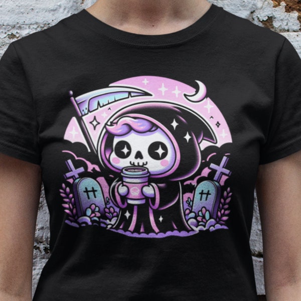 Kawaii Goth Pastel Grim Reaper Drinking Latte Graveyard TShirt Halloween Reaper Tee Cute Grim Reaper Shirt Cute Spooky Goth Gift For Teen