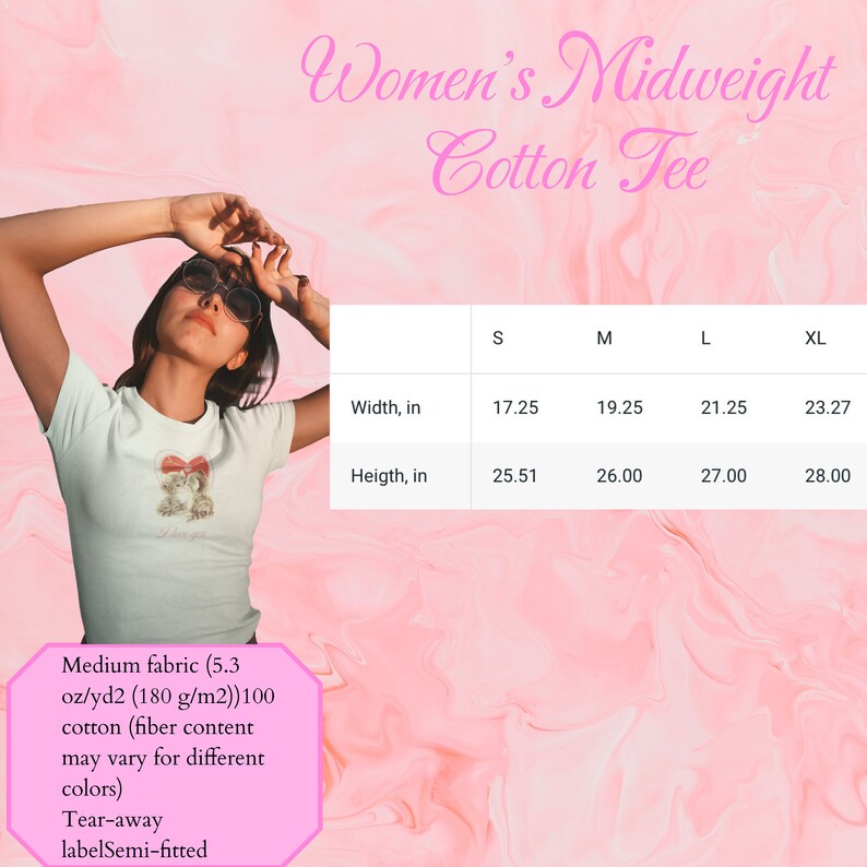 May include: A size chart for a midweight cotton tee, showing measurements in inches for width and height. The chart includes sizes S, M, L, and XL. The fabric is described as medium weight, 5.3 oz/yd2 (180 g/m2), 100% cotton, with a tear-away label and a semi-fitted style.