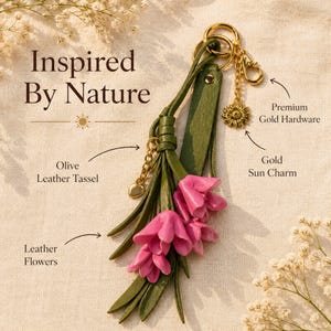 Handmade sunflower bag charm featuring soft pink leather flowers, olive green leather tassel, premium gold sunflower charm and luxury gold hardware. Botanical handbag accessory designed for tote bags, leather handbags, shoulder bags, crossbody bags, straw bags, beach bags and backpacks. Cottagecore purse charm inspired by nature and garden style. Floral bag jewelry, handmade leather keychain, lightweight purse decoration, gift for women, Mother's Day gift, birthday gift, bridesmaid gift.