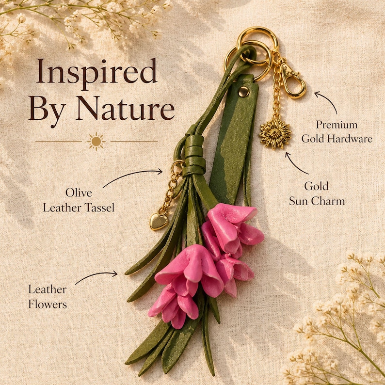 Handmade sunflower bag charm featuring soft pink leather flowers, olive green leather tassel, premium gold sunflower charm and luxury gold hardware. Botanical handbag accessory designed for tote bags, leather handbags, shoulder bags, crossbody bags, straw bags, beach bags and backpacks. Cottagecore purse charm inspired by nature and garden style. Floral bag jewelry, handmade leather keychain, lightweight purse decoration, gift for women, Mother's Day gift, birthday gift, bridesmaid gift.