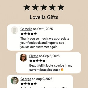 May include: Image displaying customer reviews for Lovella Gifts. The text reads "5-star reviews" with five black stars. Customer comments include dates and phrases like "great quality" and "beautiful!"
